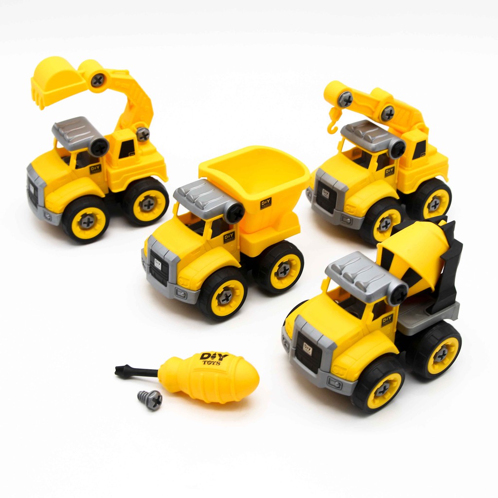 Đồ chơi lắp ghép mô hình oto xây dựng DIY 4 món gồm Cần cẩu, máy múc, xe bồn và xe ben Toys house