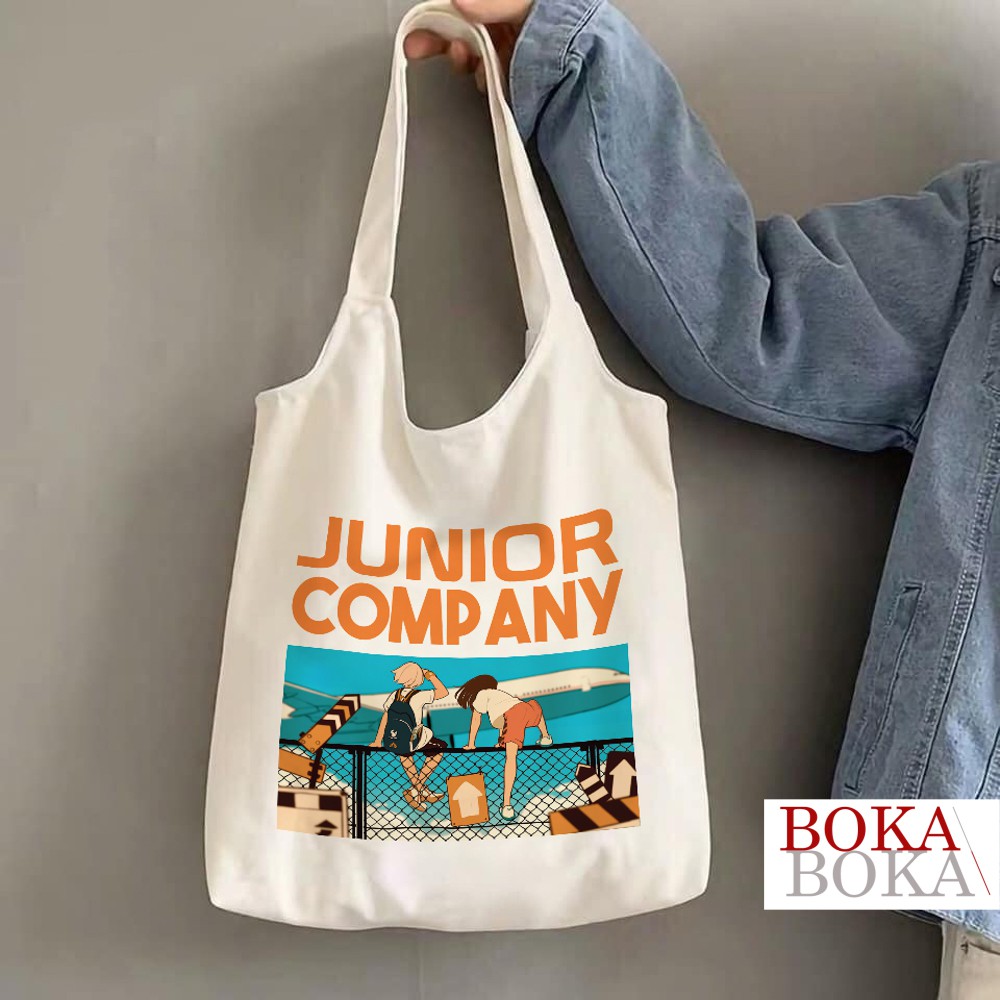 Túi Tote Vải Canvas In Hình Junior Company Có Khóa Miệng Túi