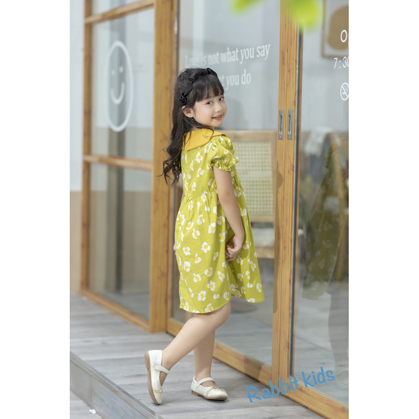 Váy Mùa Hè Bé Gái💝FREESHIP💝Rabbit Kids-Đầm Size Đại Cho Bé 8-40kg Xanh Cốm Cổ Vàng Chất Đũi Mềm Mại Thoáng Mát
