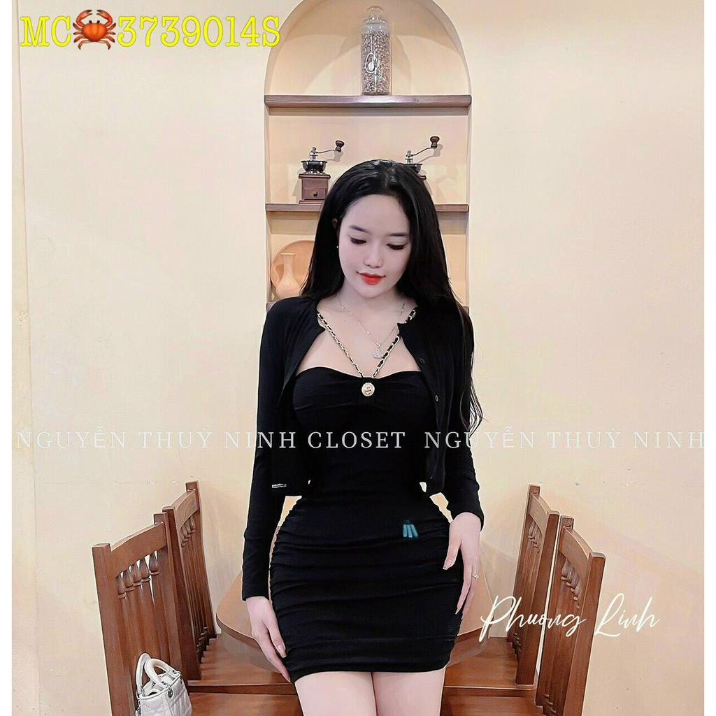 Sét đầm ống yếm dây xích đeo cổ ôm body nhúm sườn  kèm áo khoác ngoài cực xinh , chất thun gân mềm mịn