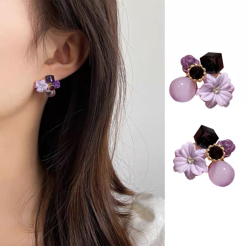 Bông Tai Hình Hoa Mạ Bạc 925 Đính Đá Tím Phong Cách Hàn Quốc Thời Trang Cho Nữ