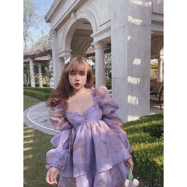Váy Badydoll Dài Tay Dáng Xoè Voan Hoa Hở Lưng Tiểu Thư