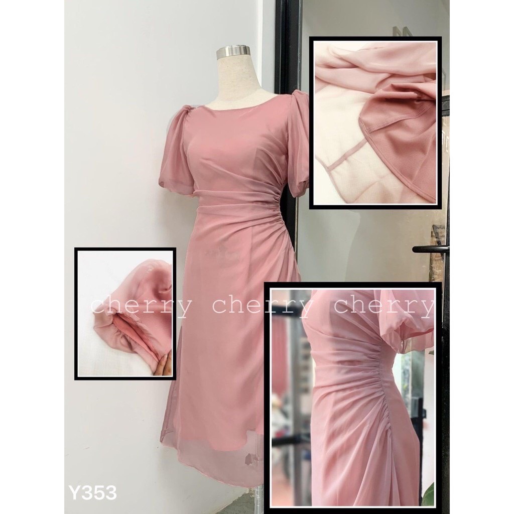 Váy đầm tay bồng nhún eo Y353 CHERRY