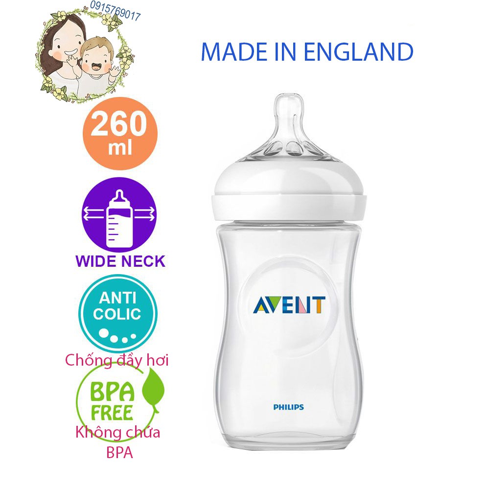 SẢN XUẤT TẠI ANH❤️𝑭𝑹𝑬𝑬𝑺𝑯𝑰𝑷❤️Bình sữa Philips Avent Natural 260ml❤️Bình sữa Avent cổ rộng