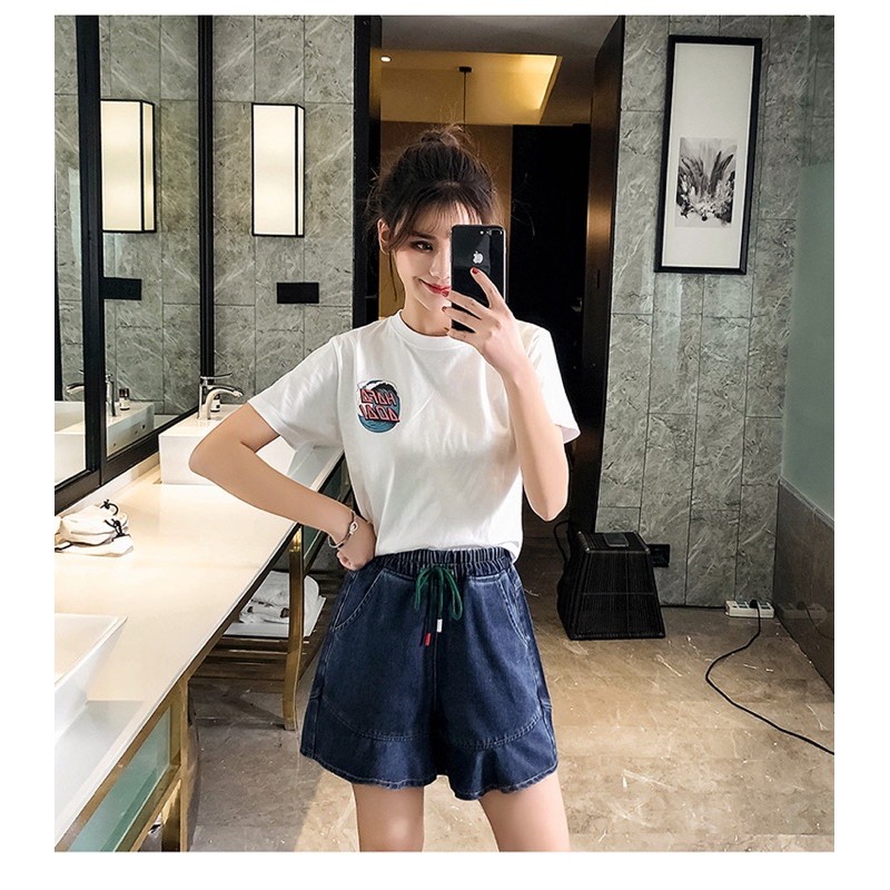 quần short jean nữ lưng thun dây rút ống bèo bao xinh size lớn 70-90kg