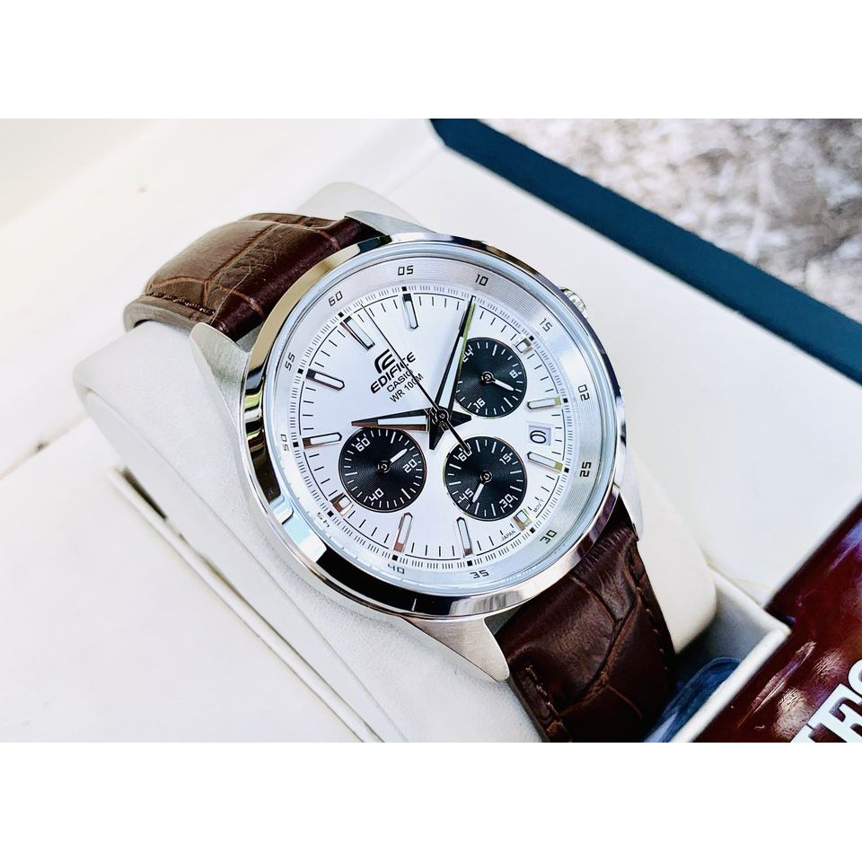 ĐỒNG HỒ NAM CASIO EDIFICE EFR-527L-7AVUDF Dây da nâu - Mặt trắng 6 kim -chống nước độ sâu 100m bảo hành quốc tế 12 tháng