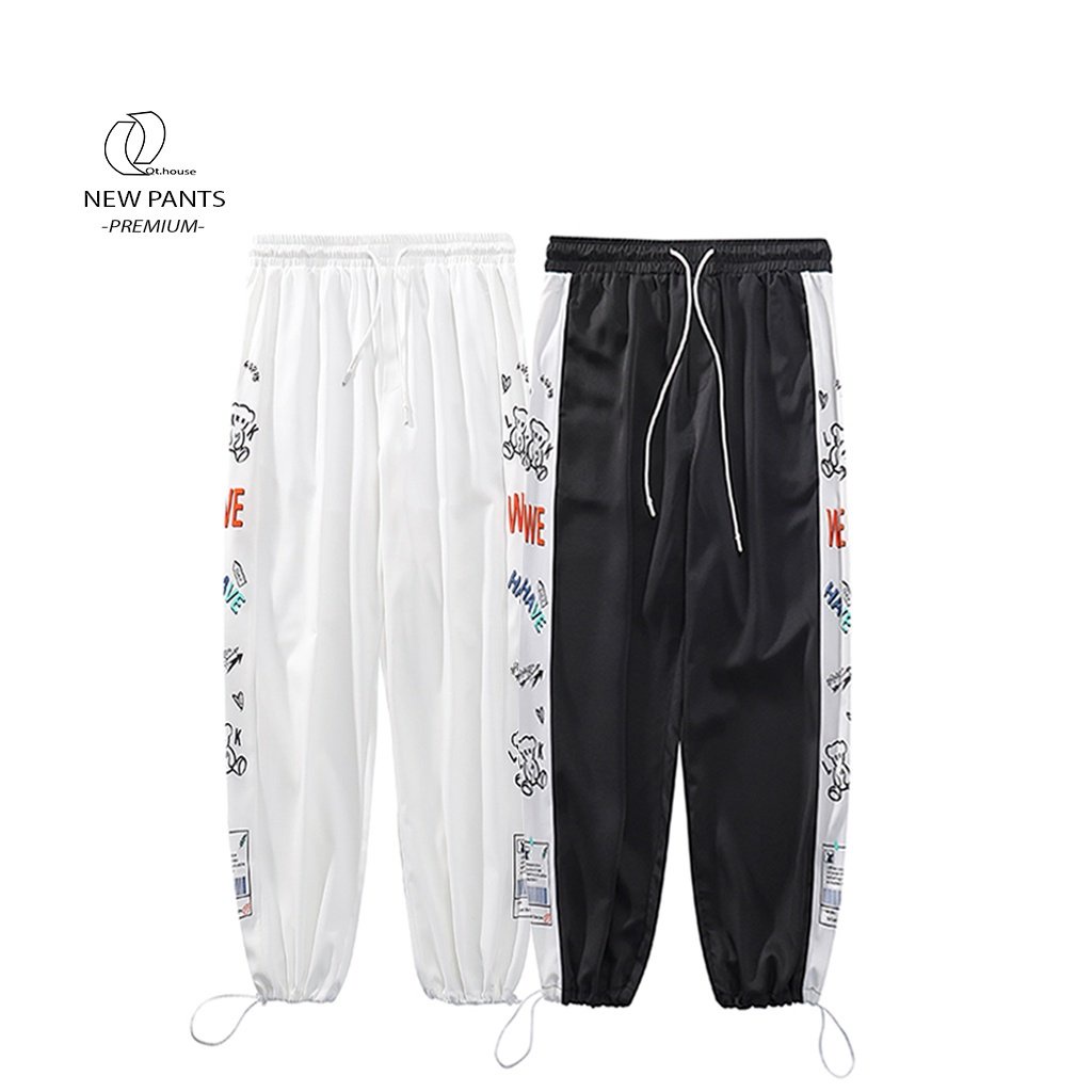 Quần jogger ống rộng sọc hoạt hình unisex dây rút bo chun Basic overszie nam nữ ulzzang