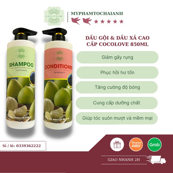 Bộ Dầu Gội Xả BƯỞI COCOLOVE 850ML - phục hồi, chống rụng, kích mọc tóc HANDMADE