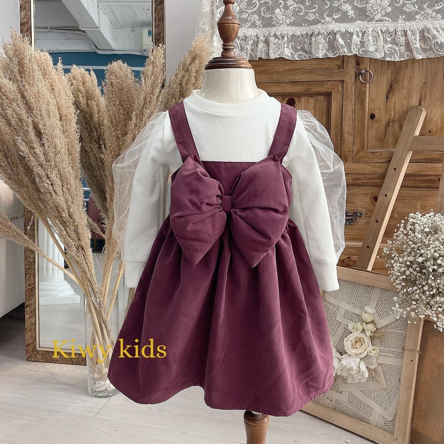 Set đồ thu đông bé gái KIWY KIDS gồm váy yếm nhung và áo thun dài tay rời Kids40 cho bé từ 1 đến 4 tuổi