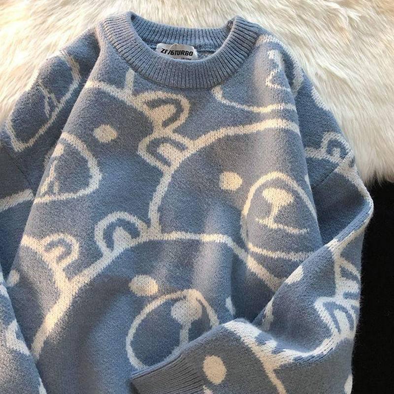 Áo Sweater Dệt Kim Cổ Rộng In Họa Tiết Kiểu Nhật Bản Thời Trang Thu Đông Cho Nữ
