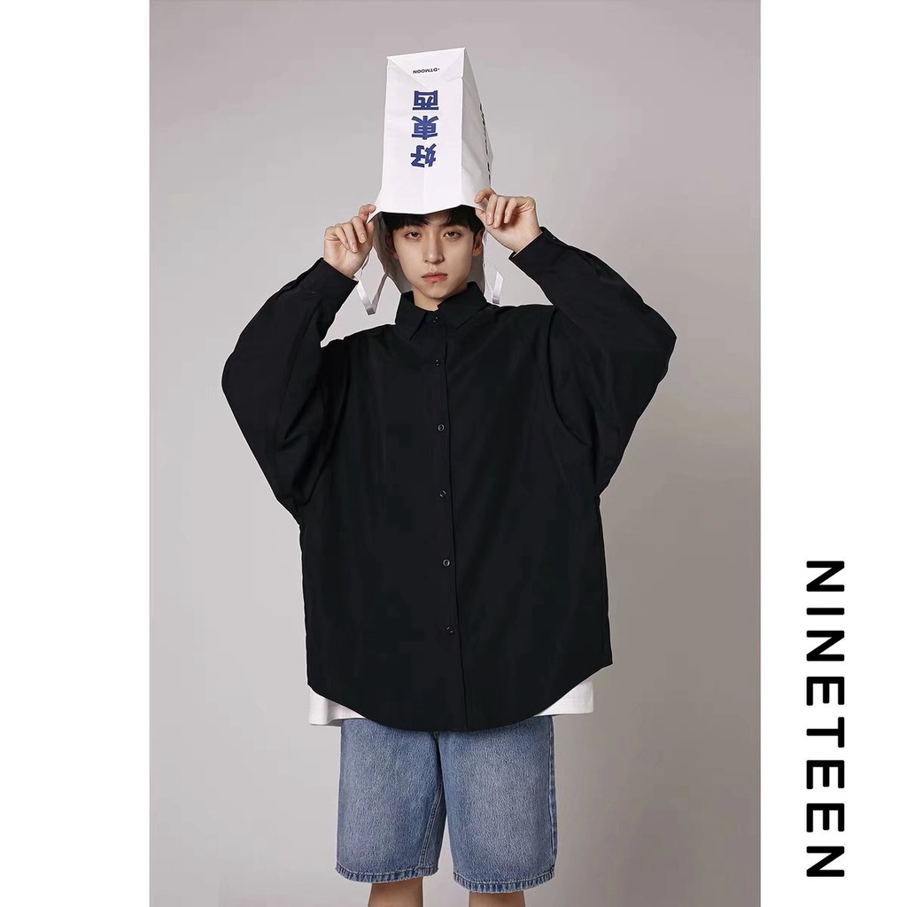 Áo Sơ Mi Trơn Tay Dài Dáng Rộng Thoáng Khí Phong Cách Hip Hop Đường Phố Hàn Quốc Cho Nam