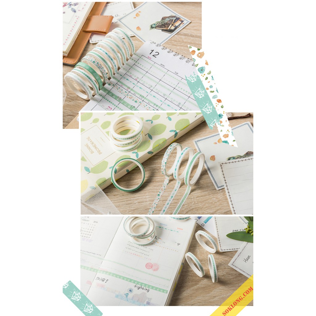 Bộ 10 cuộn washi tape dễ thương trang trí bullet journal, set băng dính dán đa năng WA06