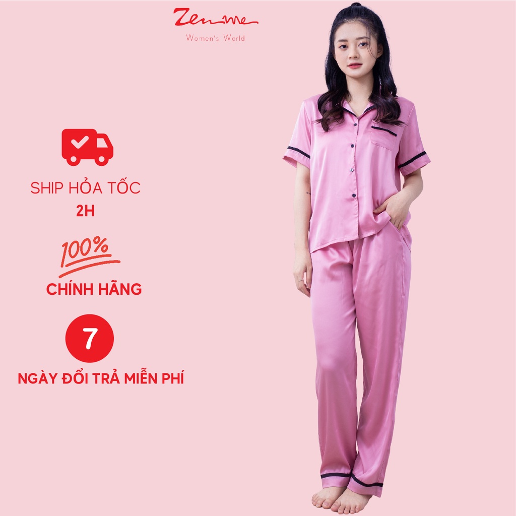 Đồ bộ mặc nhà pijama nữ Zen Me tay cộc quần dài chất liệu Lụa latin cao cấp phối viền trẻ trung