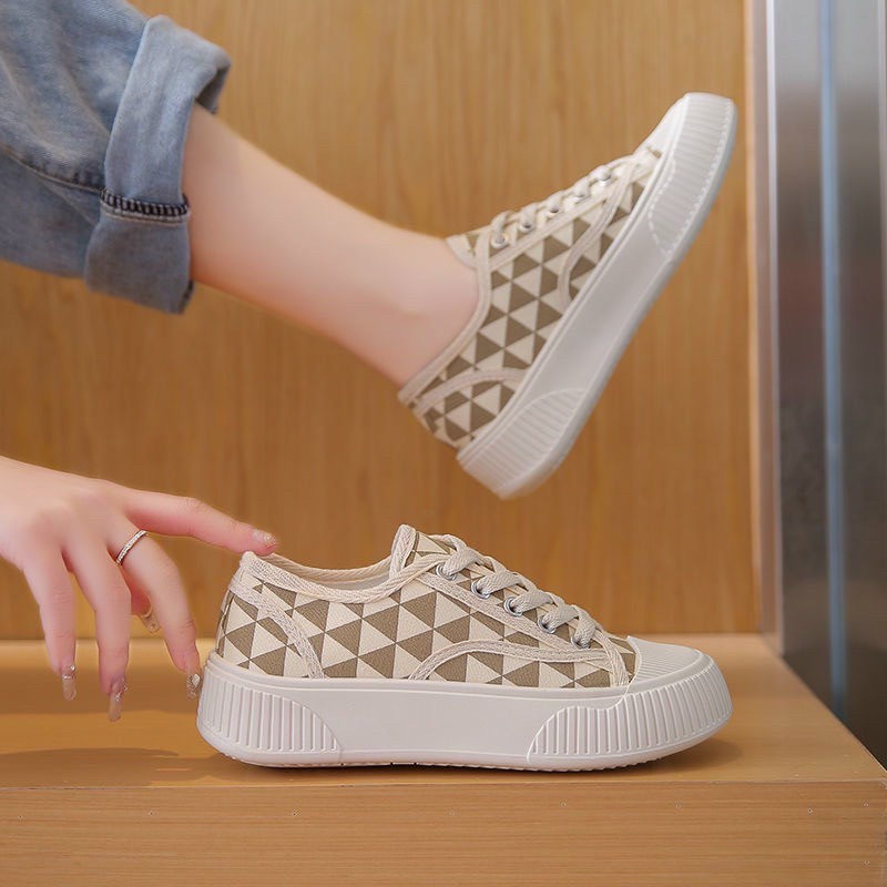 Giày thể thao, sneaker nữ vải canvas mềm phối họa tiết màu siêu xinh đế bánh mì tăng chiều cao