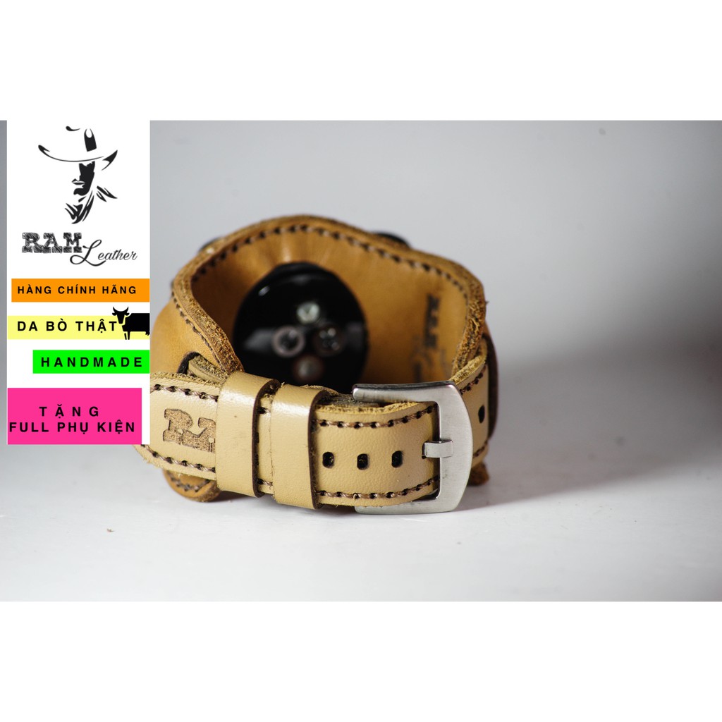 Combo Dây đồng hồ RAM Leather vintage B2 1986 da bò thật màu vàng quân đội vintage