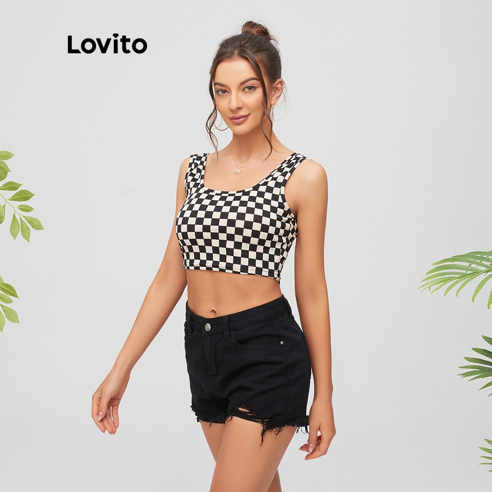 Áo tank Lovito top cổ vuông kẻ sọc caro màu đen L11D04 | BigBuy360 - bigbuy360.vn