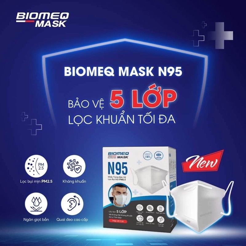 Khẩu Trang 3D N95- Biomeq MASK 5 Lớp (Hộp 30 Cái), Lọc Bụi PM2.5 Siêu Mịn 95% - VT0847