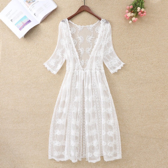 Áo choàng ren biển hoa dáng dài qua gối (~120cm) 1090#