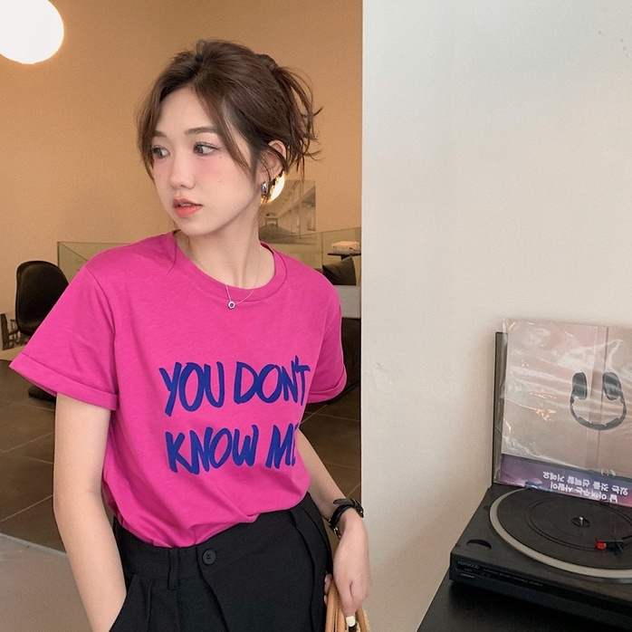 Áo Thun cotton Tay Ngắn Cổ Tròn In Chữ Phong Cách Hàn Quốc Thời Trang Cho Nữ