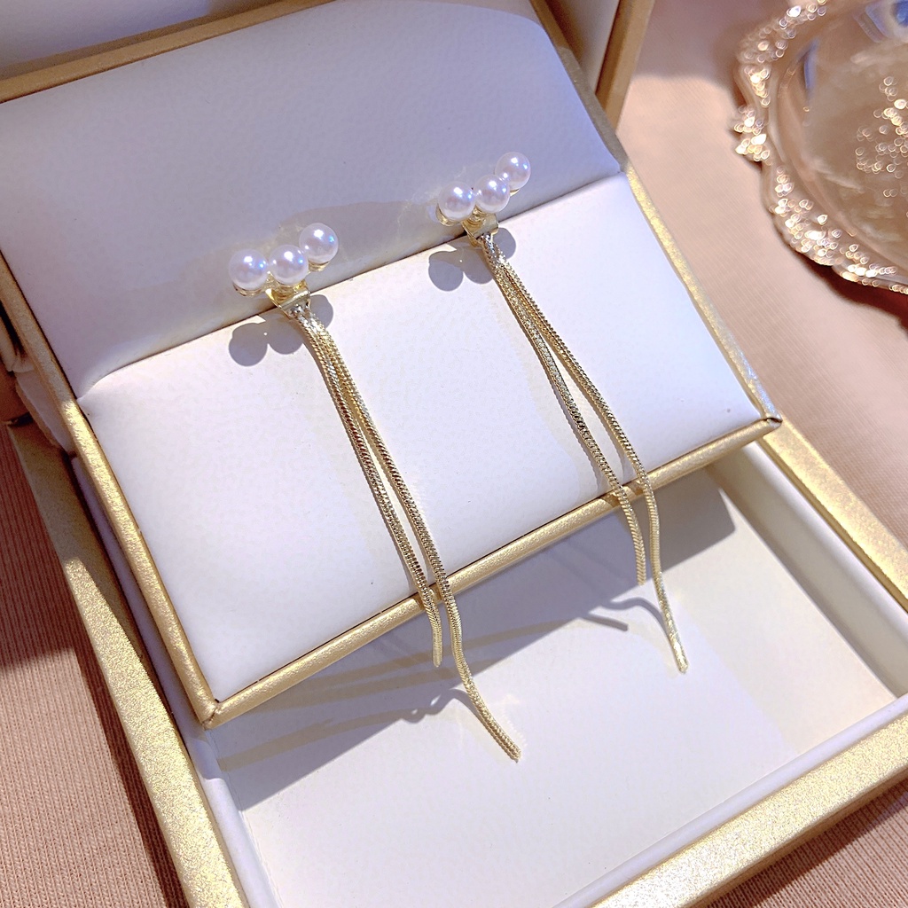 Bông Tai Mạ Bạc 925 Đính Hạt Ngọc Trai Phối Tua Rua Phong Cách Hàn Quốc Thời Trang