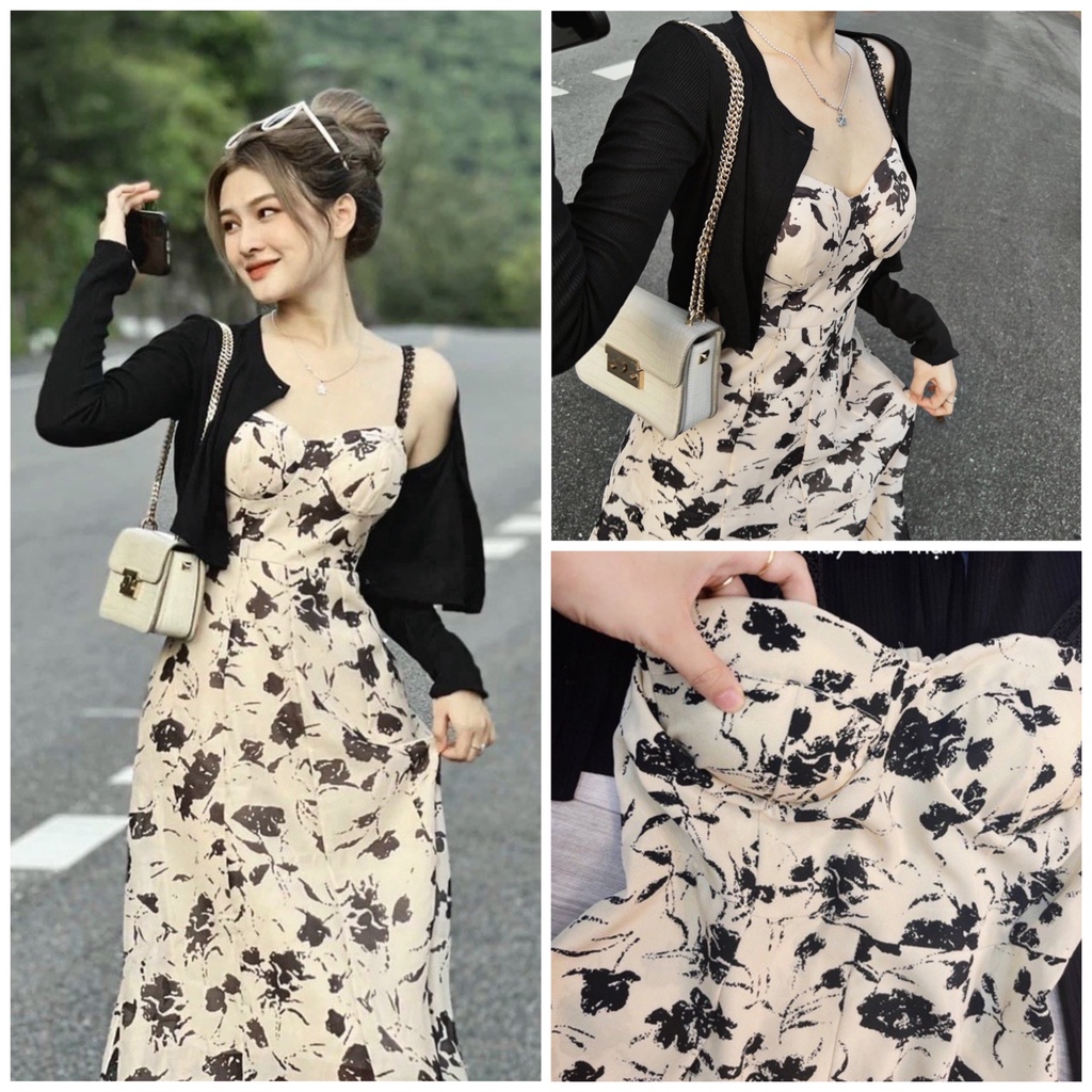 Set đầm dây ren hoa đen cúp ngực mix Cadigan len tăm