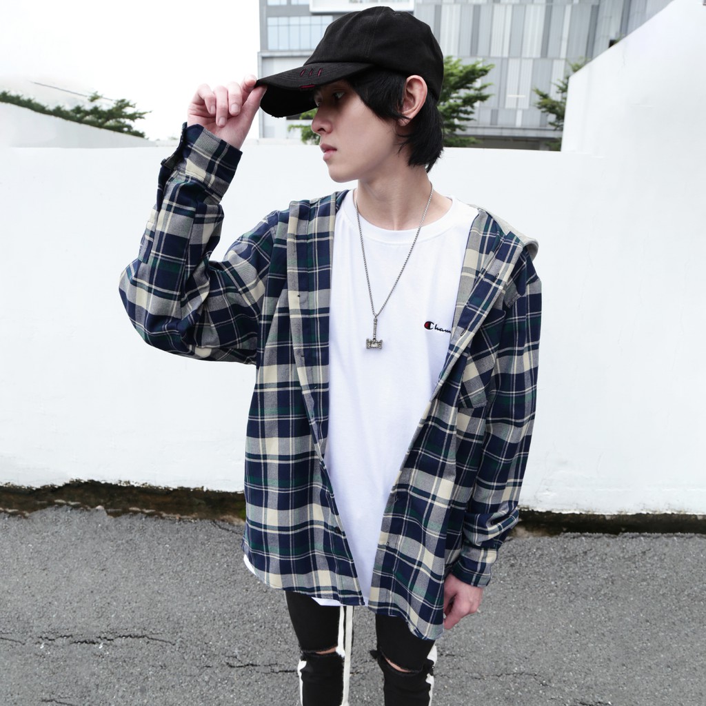 Áo Sơ Mi Hooded Flannel Jacket Màu Xanh
