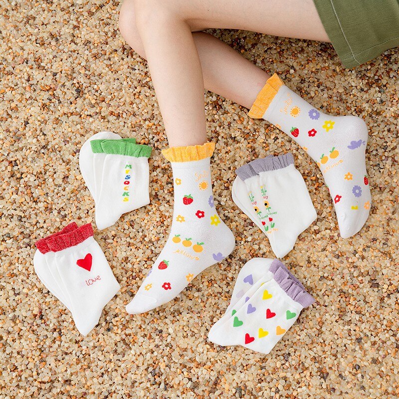Sweet Cute Love Heart Print Ruffles Girls Short Socks Fashion Floral Lolita Princess Cotton Socks Women White Socks