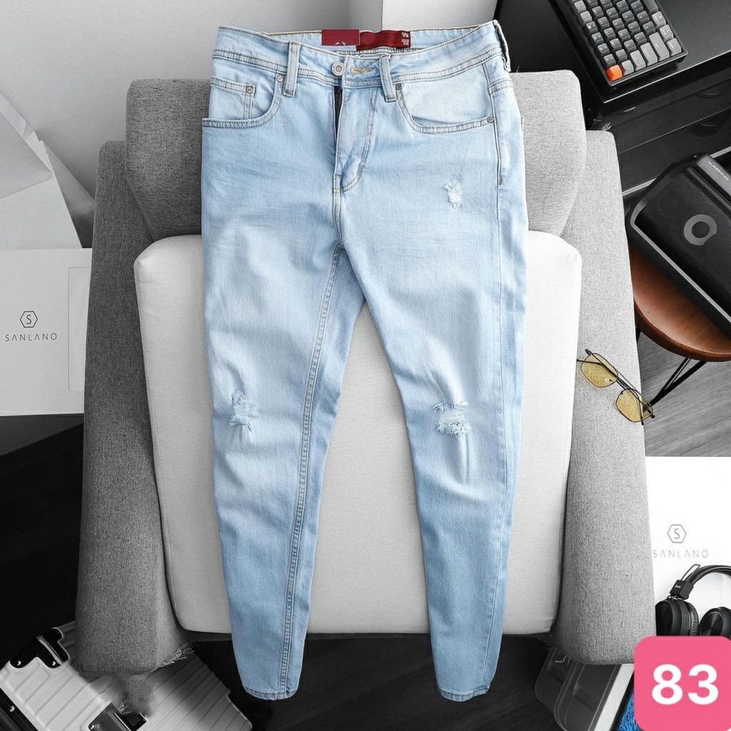 Quần jean nam xanh nhạt rách gối chất bò cao cấp co dãn 4 chiều cực đẹp, quần rin nam QDJ08383 Nhiều mẫu mới