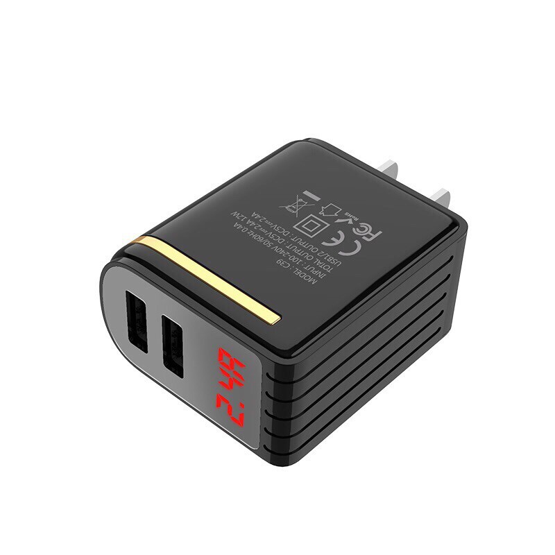 Cốc sạc nhanh Hoco C39 dòng 12w/2.4A hỗ trợ 2 cổng USB và đèn led hiển thi dòng điện và công xuất tiêu thu