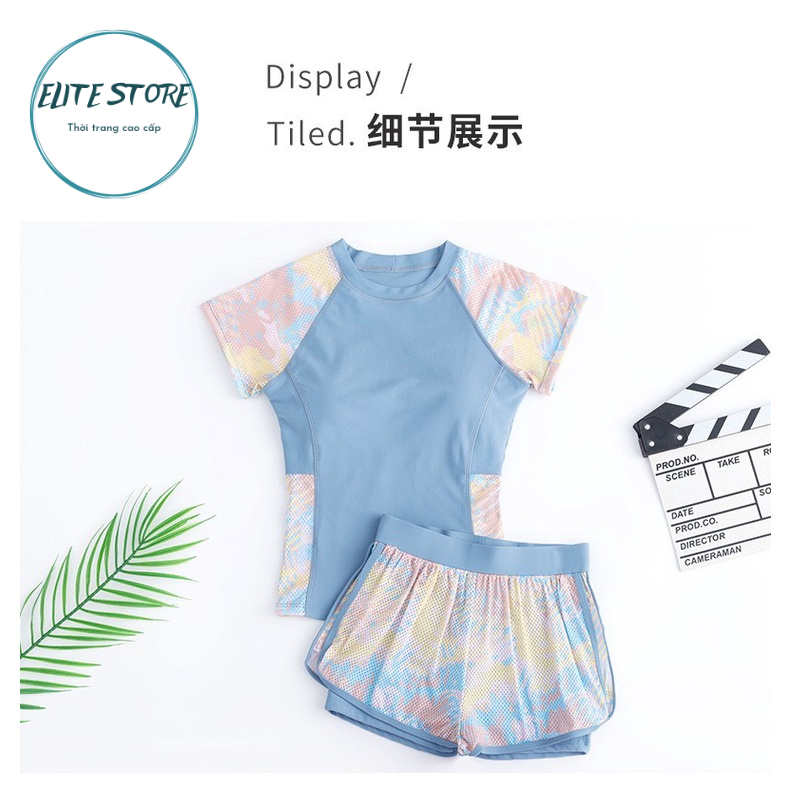 Bộ đồ bơi nữ hãng YLIKE ,áo tắm hai mảnh ngắn tay chất thun lạnh hàn quốc quần 2 lớp che bụng kín đáo Y8209
