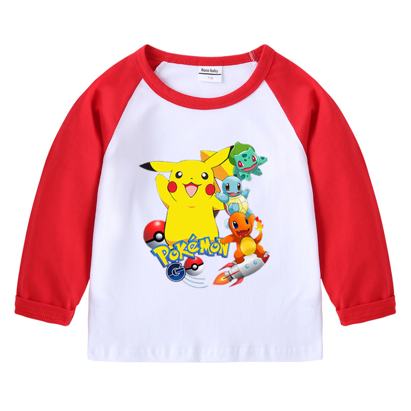 Áo Thun cotton Tay Dài Cổ Tròn In Hình Pikachu Cho Bé