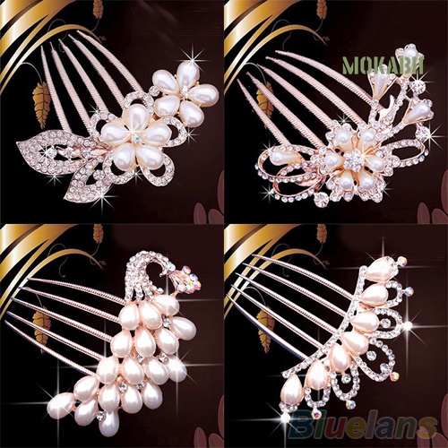 Lược Cài Tóc Hình Con Công Đính Đá Và Ngọc Trai Giả Cho Cô Dâu