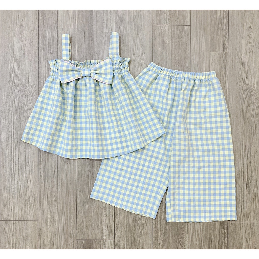 Bộ melisa 2 dây nơ ngực quần ống rộng XANH