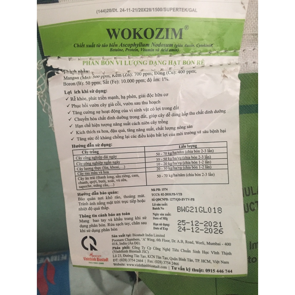 Phân bón vi lượng WOKOZIM  túi 5kg