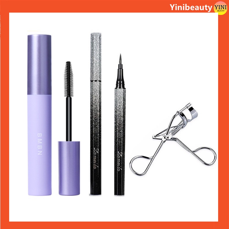 Set mascara và bút kẻ mắt dạng lỏng chống thấm nước chuốt dài dày và dụng cụ bấm cong mi