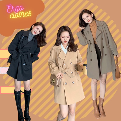 ( HÀNG SẴN) Áo măng tô trench coat Hàn Quốc dáng ngắn lỡ 2 lớp kèm đai form rộng bigsize nhiều màu, Ergo Clothes