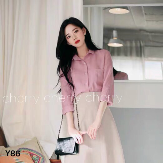 Sét áo sơ mi hồng chân váy chữ A Y86