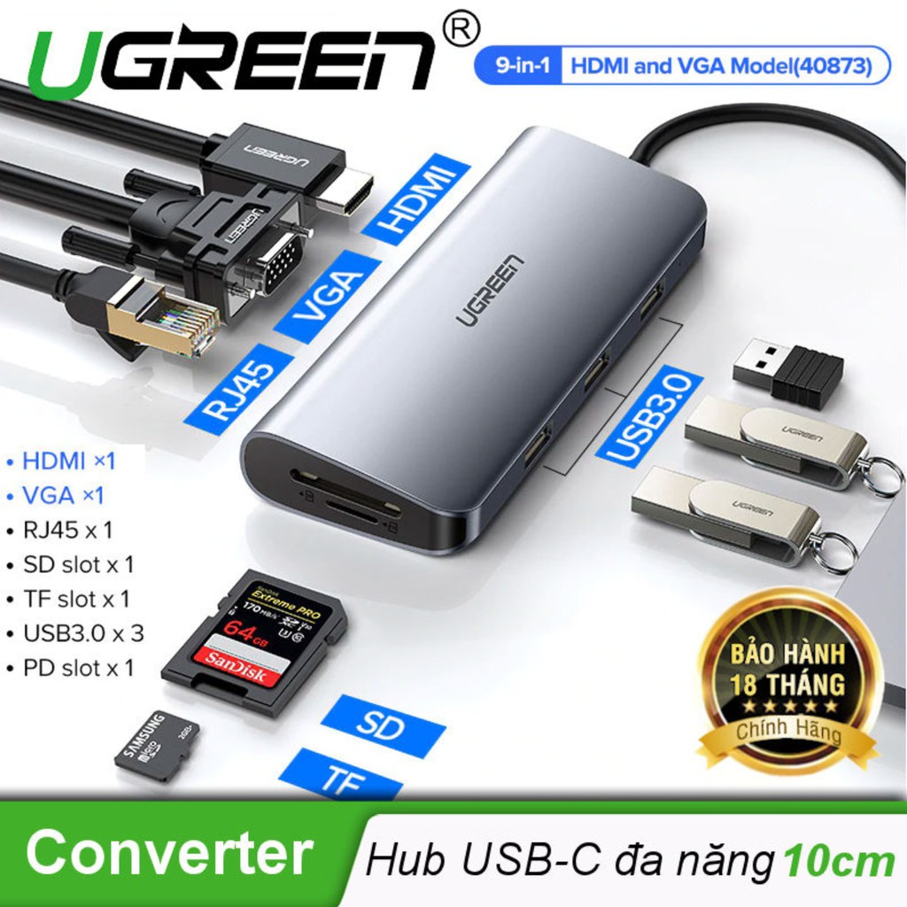 Bộ chuyển USB Type C 9 in 1 Cao Cấp Ugreen 40873 Chính Hãng CM179