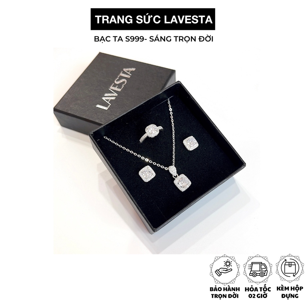 Bộ trang sức Dây chuyền, Khuyên tai, Nhẫn nữ bạc ta nguyên chất S999 Lavesta mặt vuông đính pha lê lấp lánh SUN595