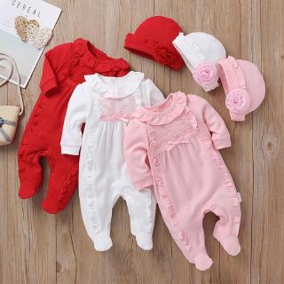 Newborn Baby Girls Ruffle Design Long Sleeve Rompers Bodysuit Jumpsuit With Hat