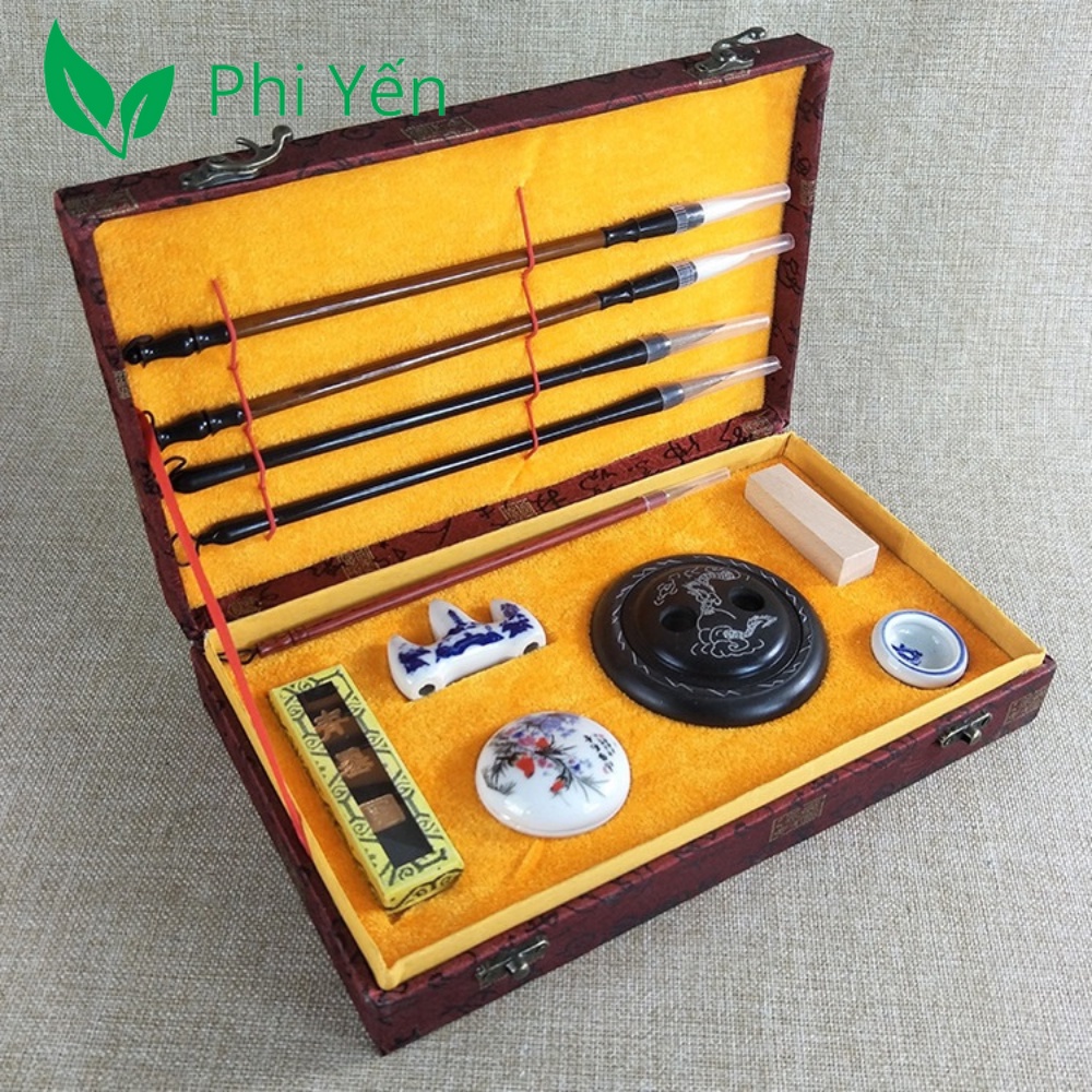 Bộ văn phòng tứ bảo tập viết thư pháp giá rẻ 10 món bút lông cọ viết vẽ, mực tàu, nghiên mực