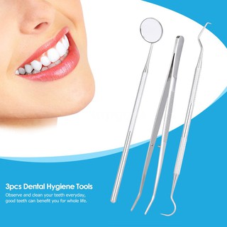Bộ 3 dụng cụ vệ sinh nha khoa bao gồm gương đầu dò và nhíp chất liệu thép không gỉ