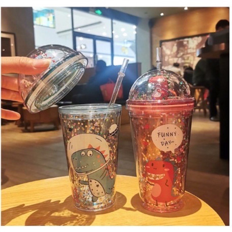 Ly đựng nước, Cốc uống nước khủng long 380ml 2 lớp hot hit 2021