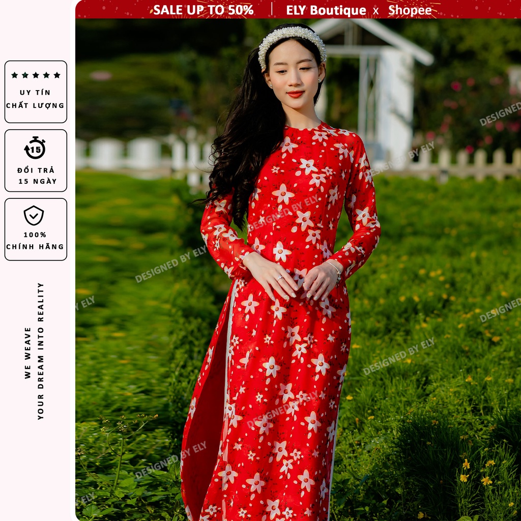Áo dài cách tân siêu đẹp ELY BOUTIQUE voan in họa tiết đổi trả 15 ngày ELVI04