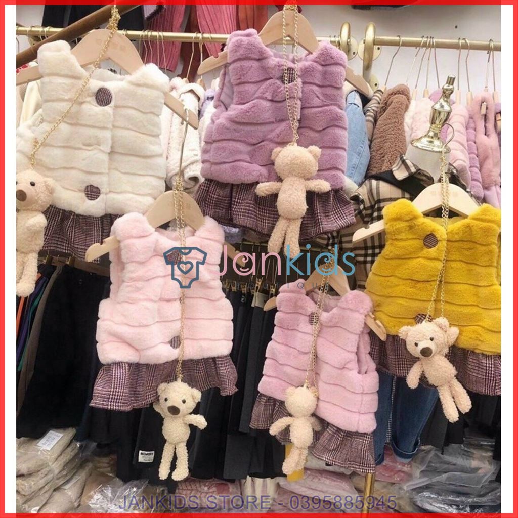 Áo khoác gile lông kèm chân váy kẻ sành điệu cho bé gái hàng quảng châu