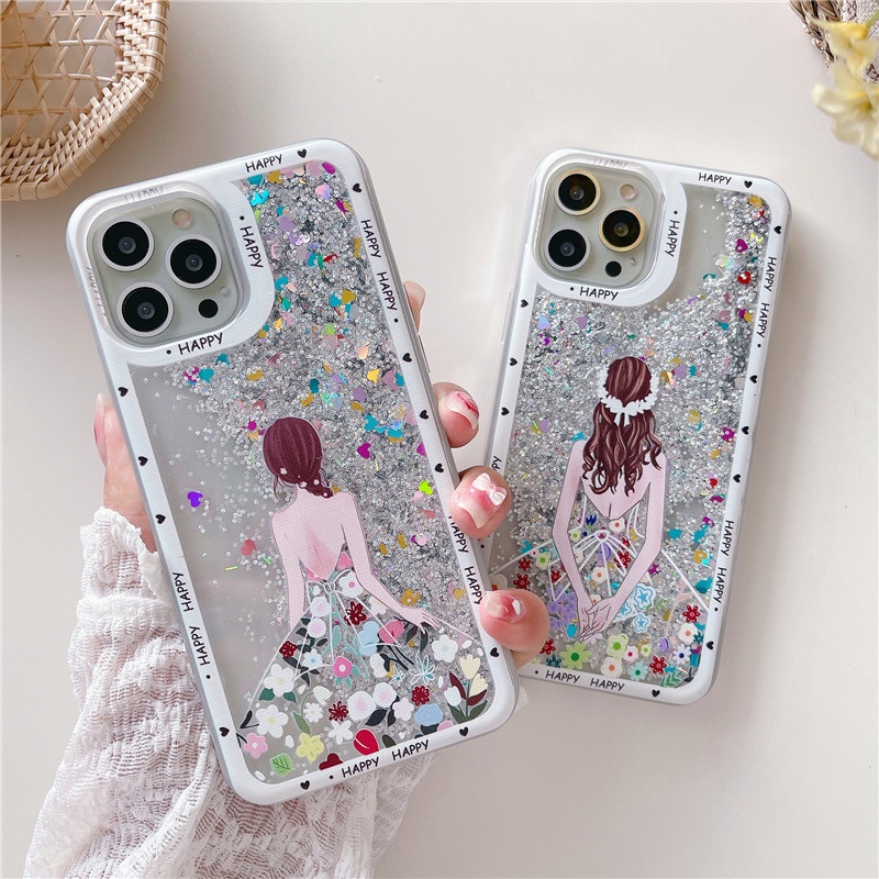 Ốp Điện Thoại Mềm Trong Suốt Phối Kim Tuyến Nước Hình Cô Gái Tóc Dài Cho iPhone 13 Pro MAX 12 11 Pro MAX XS MAX XR X 6 7+8 Plus