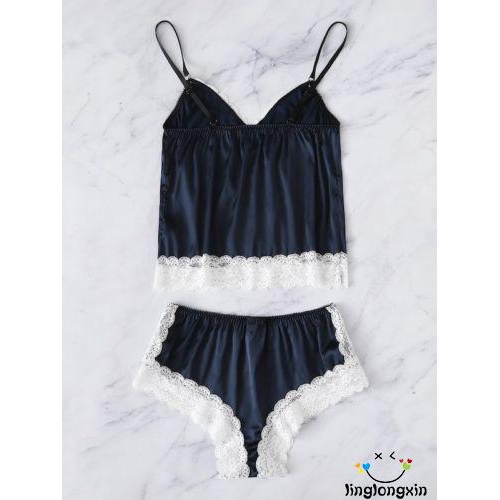 Bộ đồ pajamas quyến rũ chất liệu lụa satin áo 2 dây + quần ngắn phối ren cho nữ