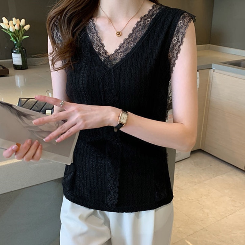 Áo Dệt Kim Không Tay Viền Ren Xinh Xắn Cho Nữ 165622 Áo Hai Dây Cổ Chữ V Dáng Ôm Thiết Kế Đơn Giản Quyến Rũ Cho Nữ