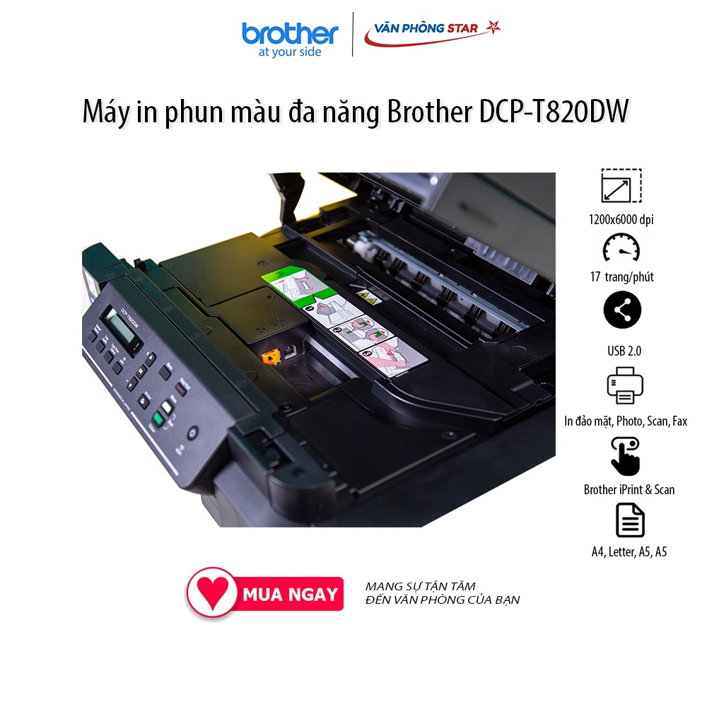 Máy in phun màu đa năng Brother DCP-T820DW  In,Quét,Copy, 17 trang/phút 1,200 x 6,000 dpi kết nối wifi Vanphongstar