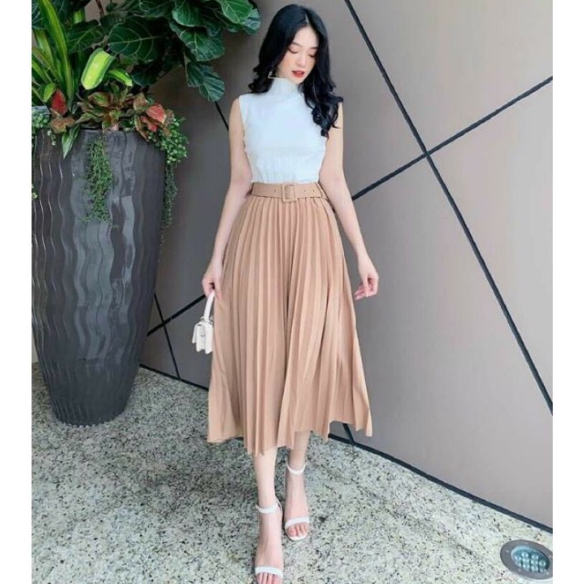 Chân váy xếp ly dài kèm đai - Hàng Quảng Châu